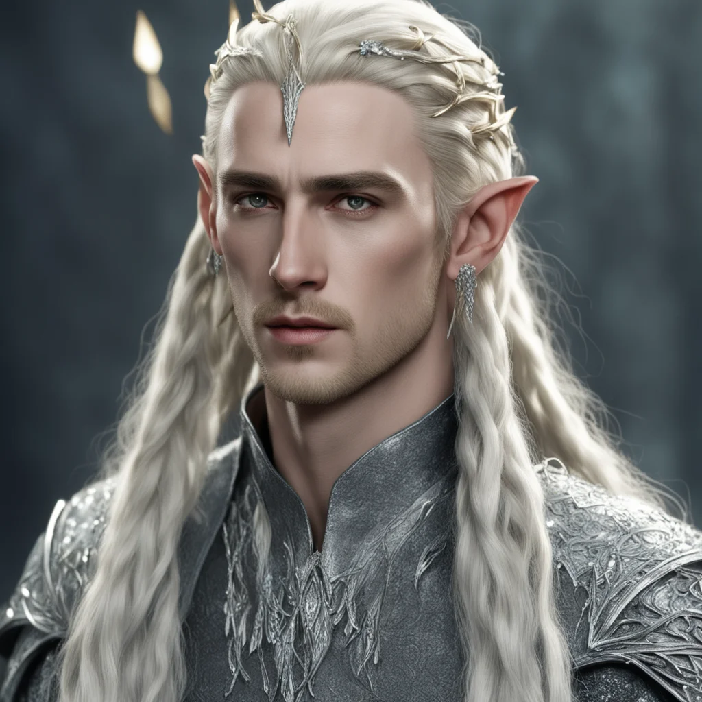 aiking thranduil with blond hair and braids wearing silver elvish forks with large diamonds and silver strings of diamonds in the hair