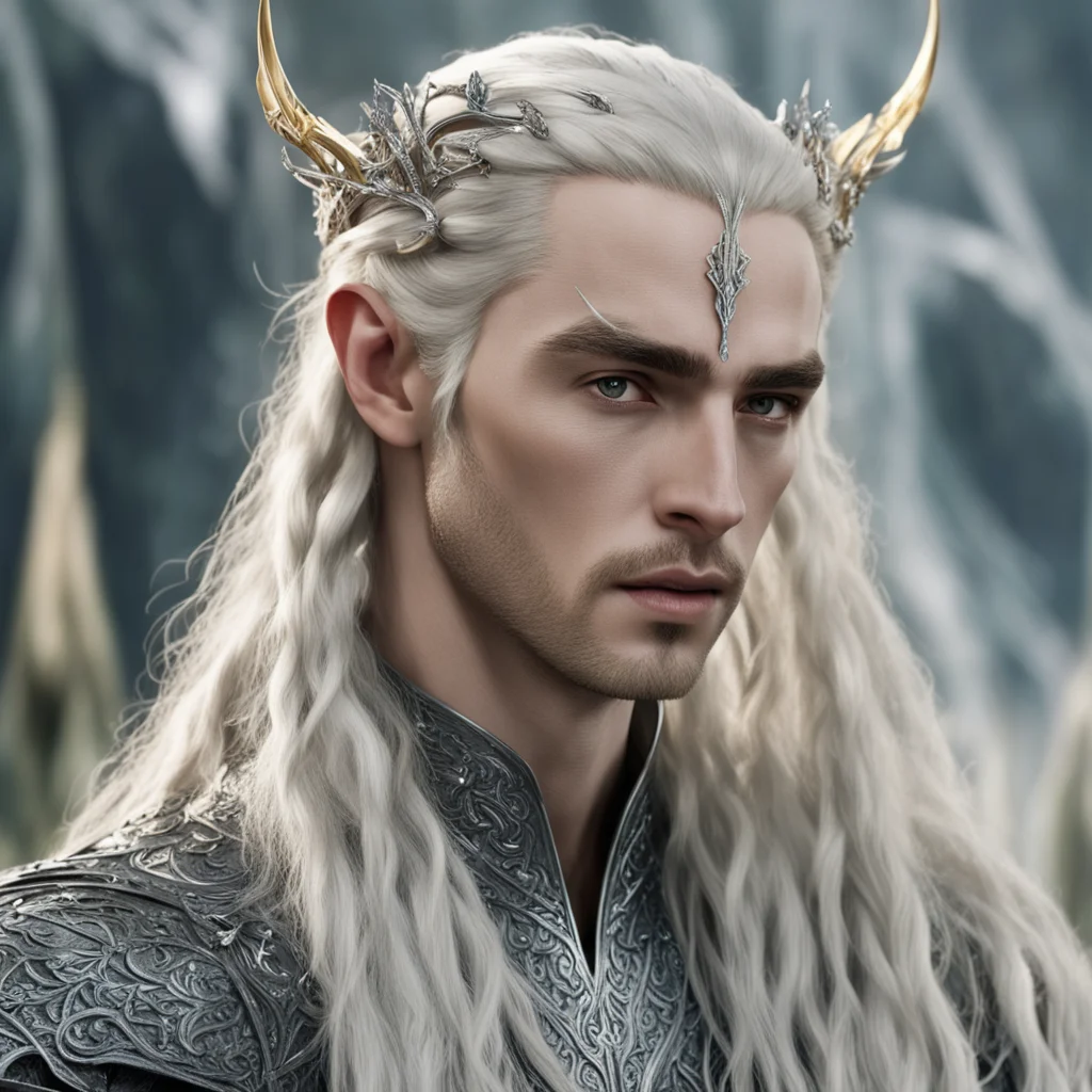 aiking thranduil with blond hair and braids wearing silver elvish hair fork encrusted with diamonds amazing awesome portrait 2