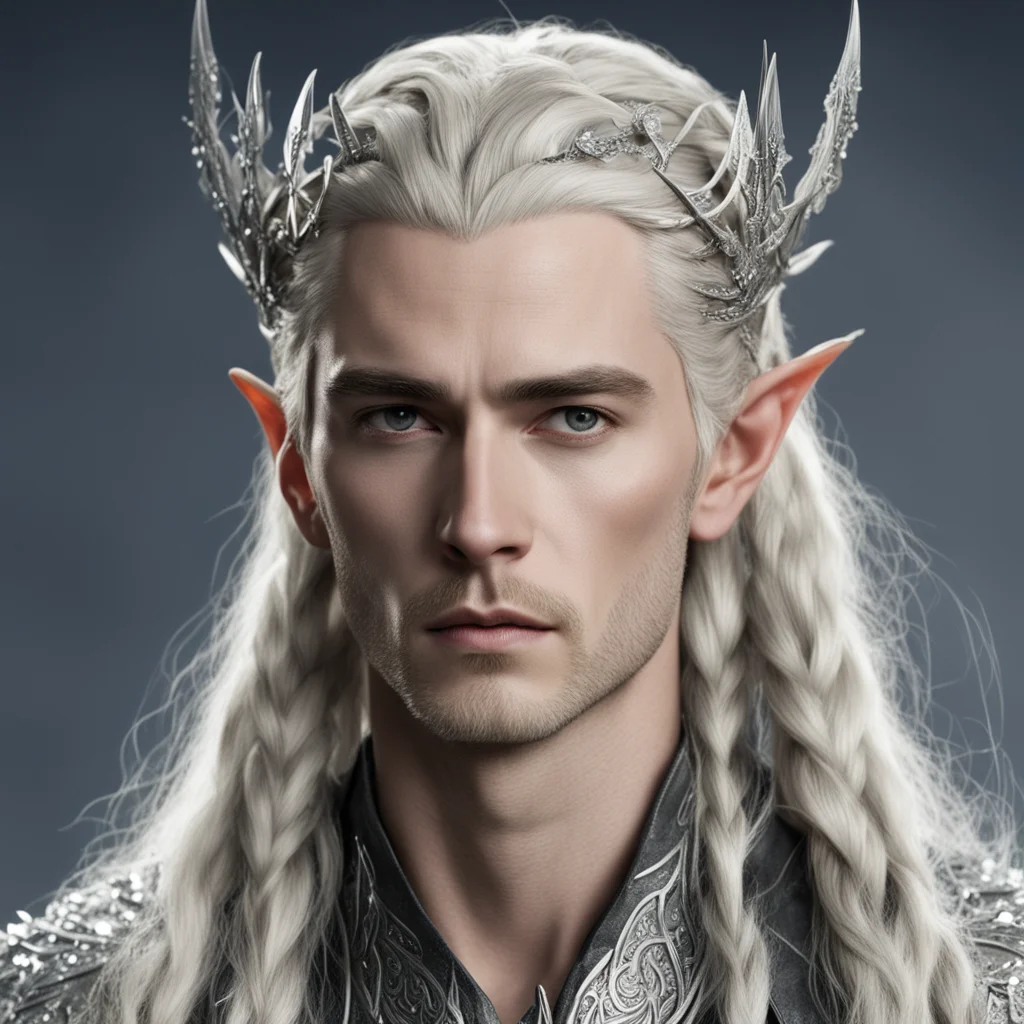 aiking thranduil with blond hair and braids wearing silver elvish hair fork encrusted with diamonds