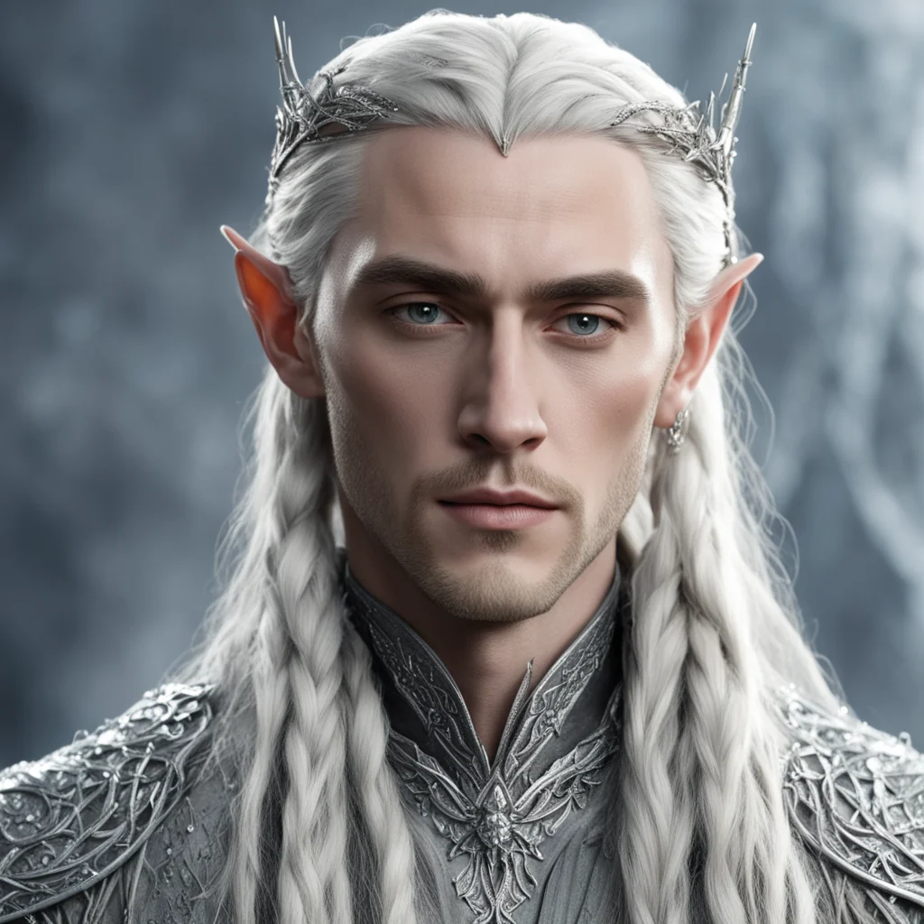 aiking thranduil with blond hair and braids wearing silver elvish hair fork with silver elvish hair pins in the braid encrusted with diamonds amazing awesome portrait 2