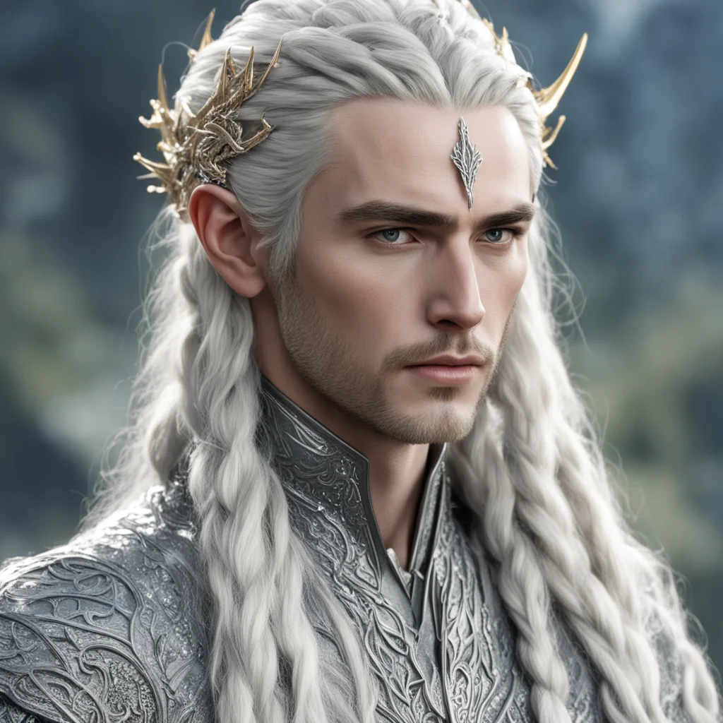 aiking thranduil with blond hair and braids wearing silver elvish hair fork with silver elvish hair pins in the braid encrusted with diamonds confident engaging wow artstation art 3