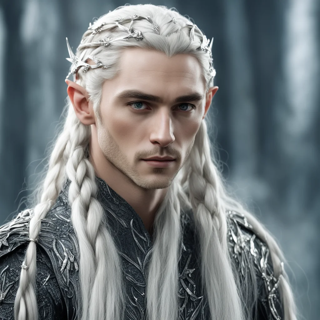 aiking thranduil with blond hair and braids wearing silver elvish hair fork with silver elvish hair pins in the braid encrusted with diamonds good looking trending fantastic 1