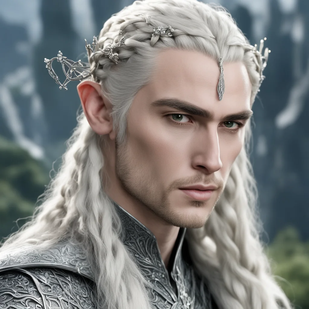 aiking thranduil with blond hair and braids wearing silver elvish hair fork with silver elvish hair pins in the braid encrusted with diamonds