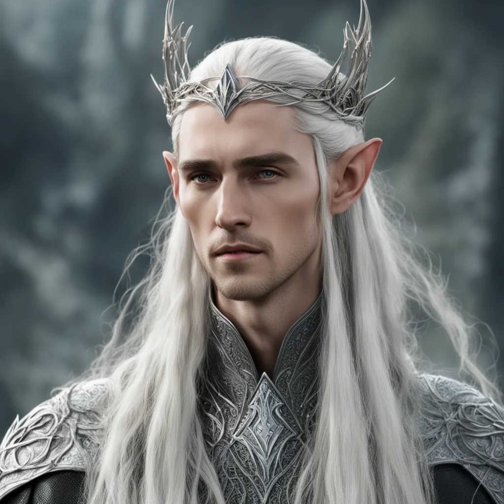 aiking thranduil with blond hair and braids wearing silver elvish hair forks connected to make a silver elvish circlet with center diamond  amazing awesome portrait 2