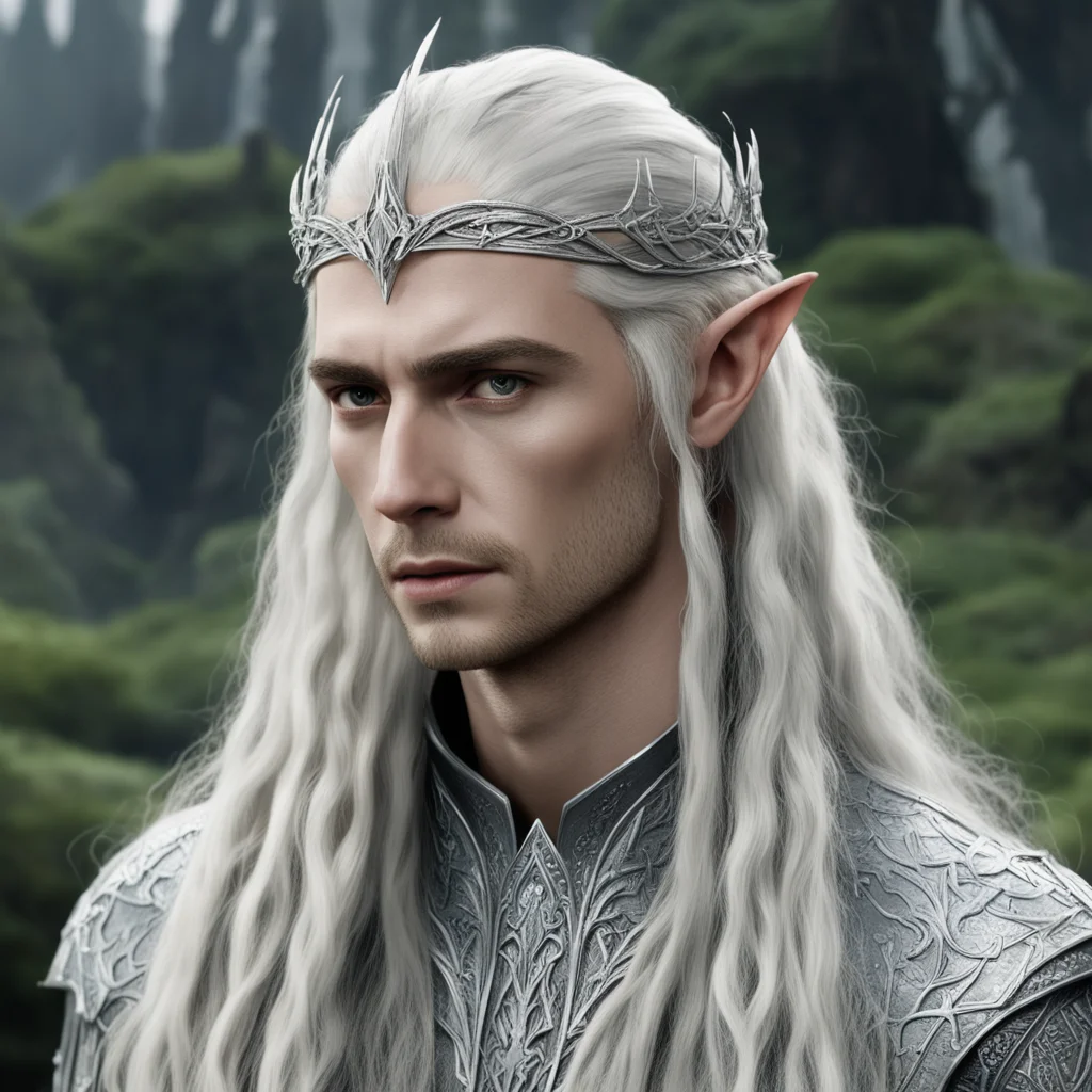 aiking thranduil with blond hair and braids wearing silver elvish hair forks connected to make a silver elvish circlet with center diamond  good looking trending fantastic 1