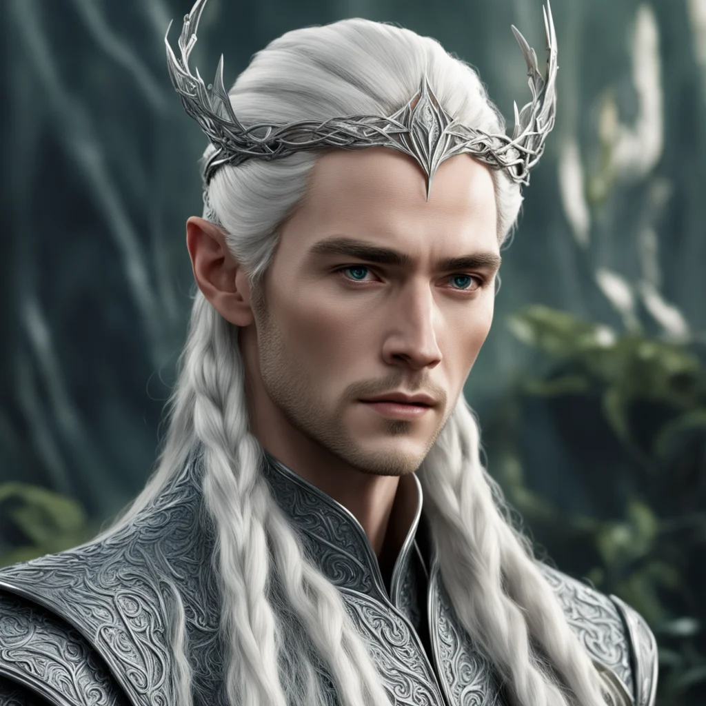 aiking thranduil with blond hair and braids wearing silver elvish hair forks connected to make a silver elvish circlet with center diamond 