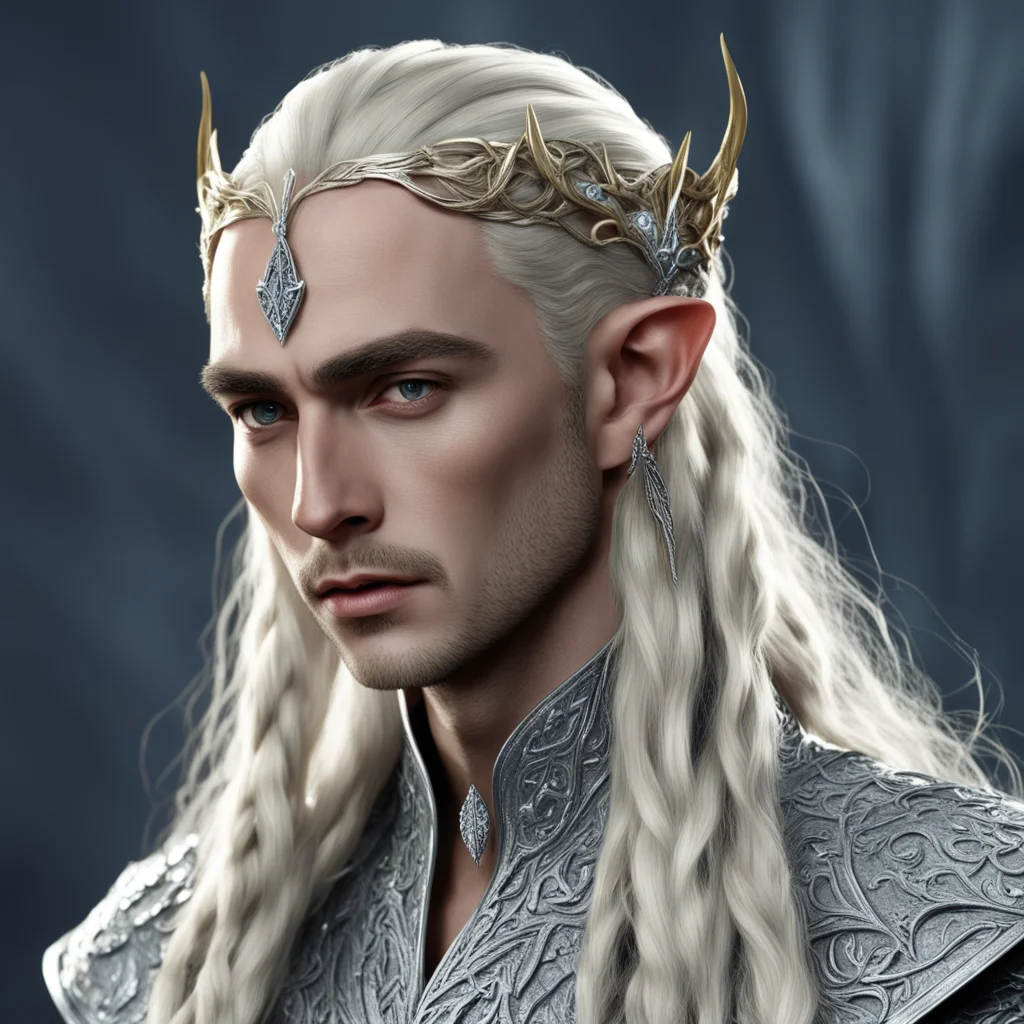 aiking thranduil with blond hair and braids wearing silver elvish hair forks encrusted with diamonds with forehead diamond pendant  amazing awesome portrait 2