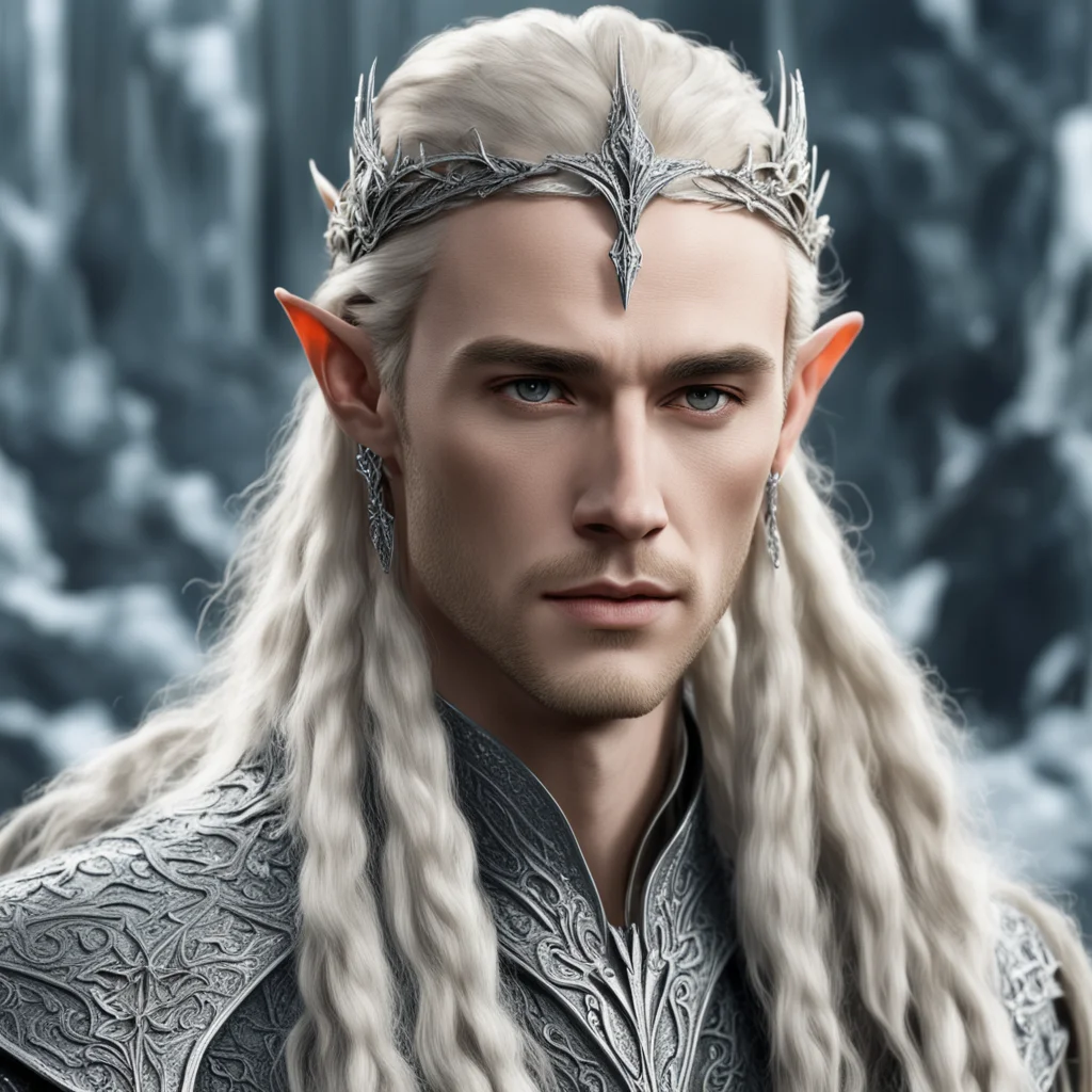 aiking thranduil with blond hair and braids wearing silver elvish hair forks encrusted with diamonds with forehead diamond pendant  good looking trending fantastic 1
