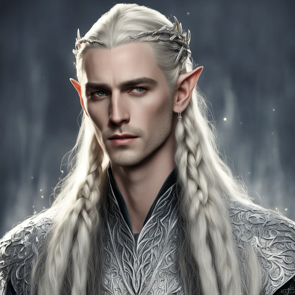 aiking thranduil with blond hair and braids wearing silver elvish hair forks encrusted with diamonds with forehead diamond pendant 