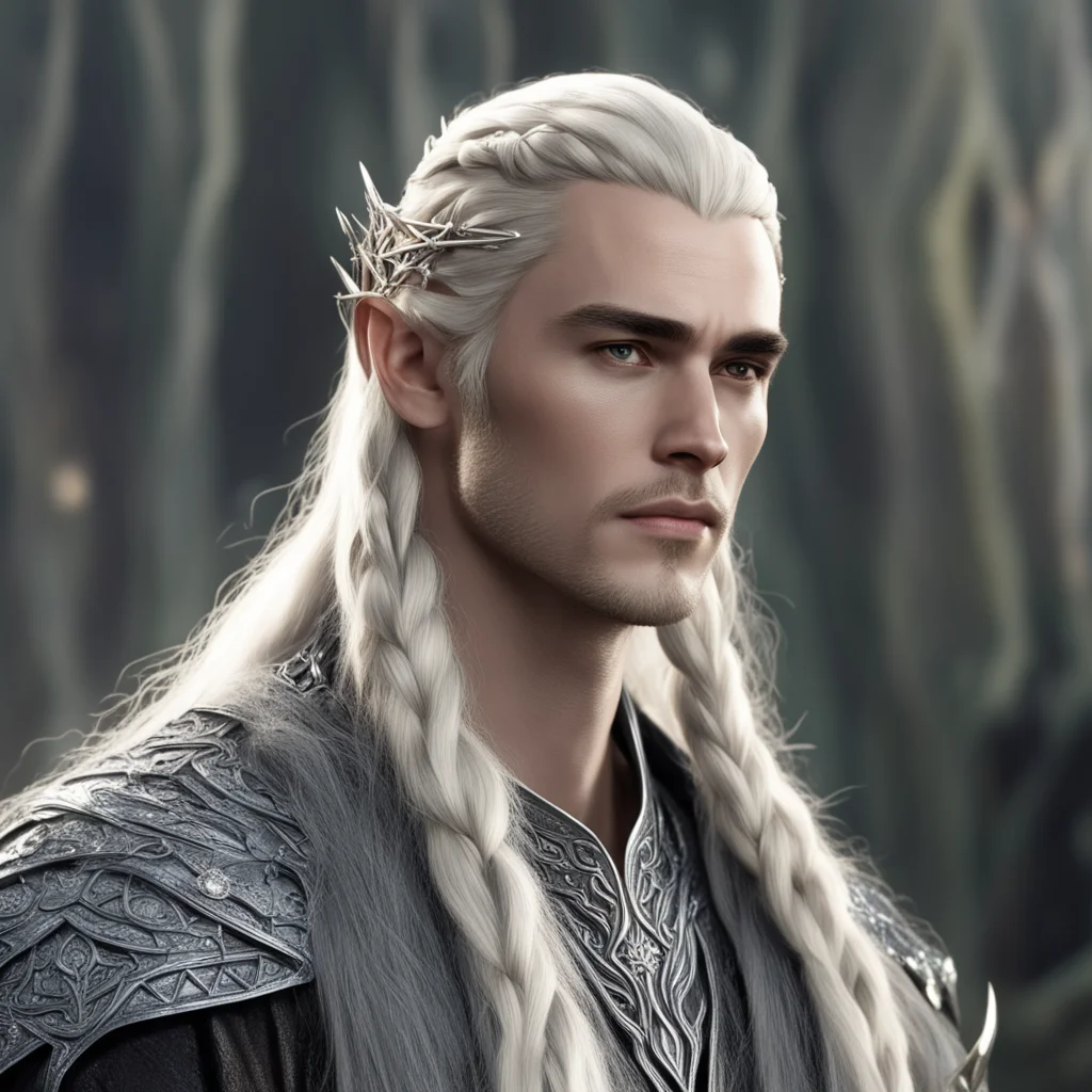 aiking thranduil with blond hair and braids wearing silver elvish hair forks studded with diamonds amazing awesome portrait 2