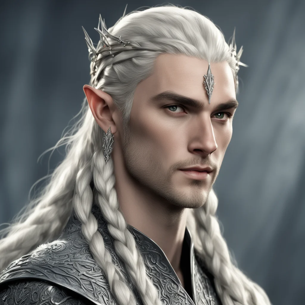 aiking thranduil with blond hair and braids wearing silver elvish hair forks studded with diamonds good looking trending fantastic 1