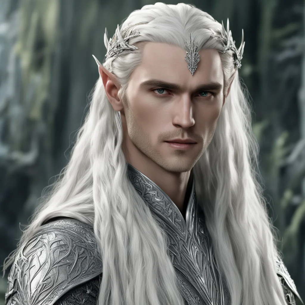 aiking thranduil with blond hair and braids wearing silver elvish hair forks with large dimonds and silver elvish hair pins with diamonds amazing awesome portrait 2