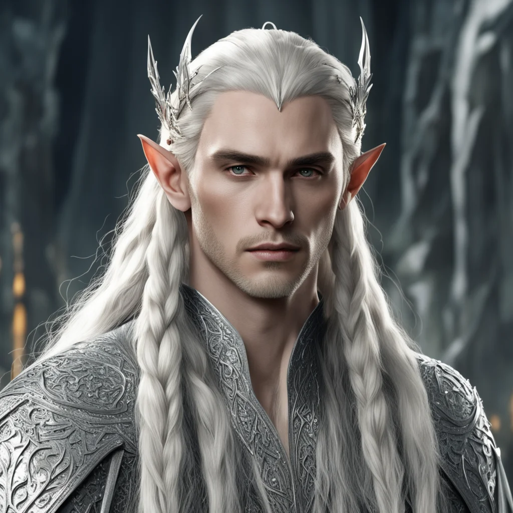 aiking thranduil with blond hair and braids wearing silver elvish hair forks with large dimonds and silver elvish hair pins with diamonds good looking trending fantastic 1