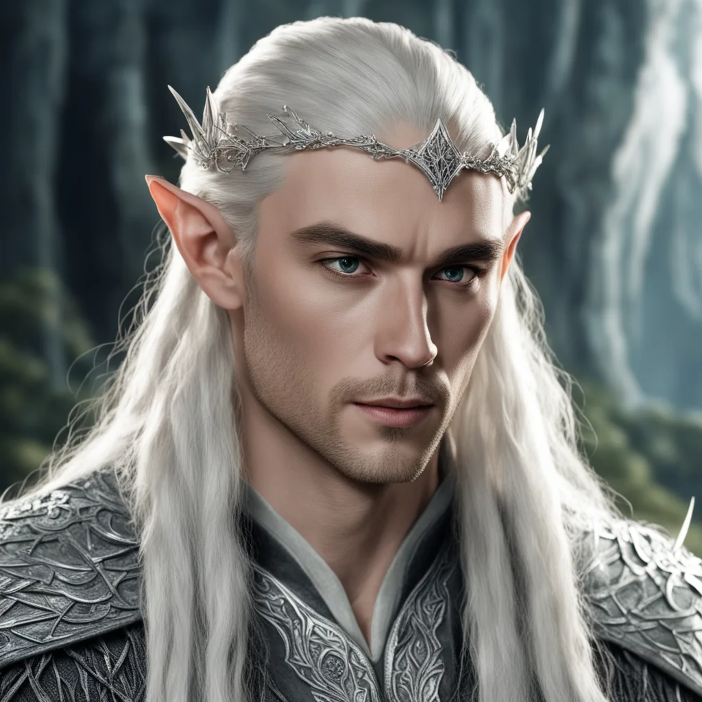 aiking thranduil with blond hair and braids wearing silver elvish hair forks with large dimonds and silver elvish hair pins with diamonds