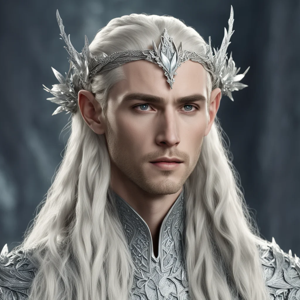 aiking thranduil with blond hair and braids wearing silver elvish hair pins wearing silver flower silver elvish circlet encrusted with diamonds with large center diamond