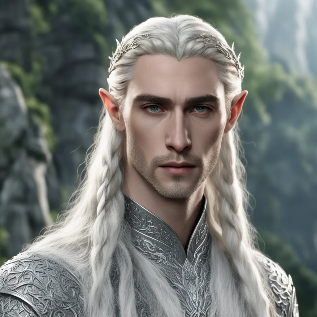 king thranduil with blond hair and braids wearing silver elvish hair pins with diamonds and silver elvish circlet with large center diamond  amazing awesome portrait 2