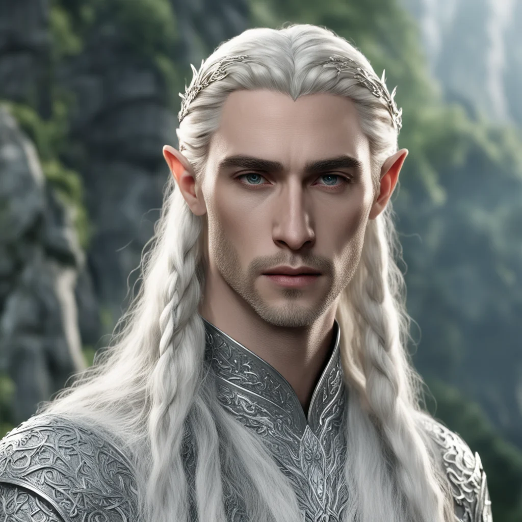 aiking thranduil with blond hair and braids wearing silver elvish hair pins with diamonds and silver elvish circlet with large center diamond  amazing awesome portrait 2