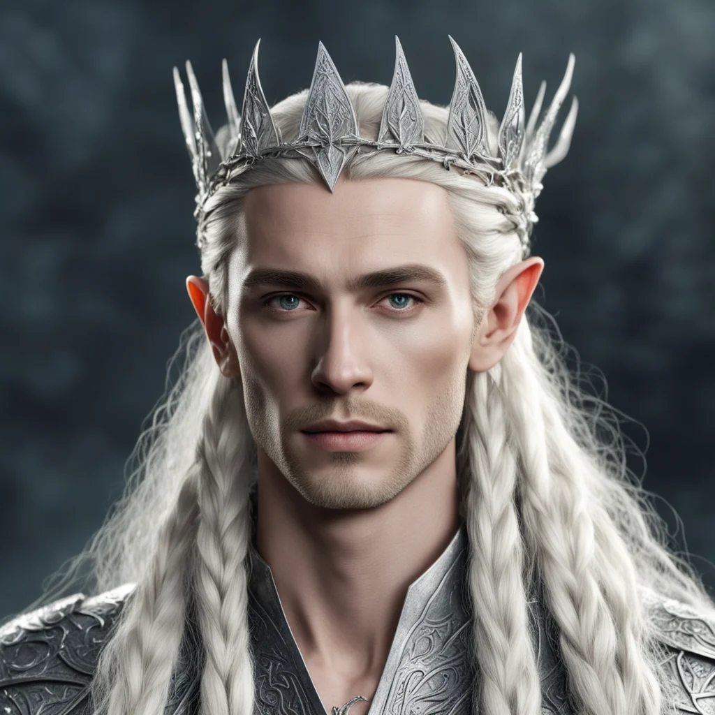 aiking thranduil with blond hair and braids wearing silver elvish hair pins with diamonds and silver elvish circlet with large center diamond  good looking trending fantastic 1