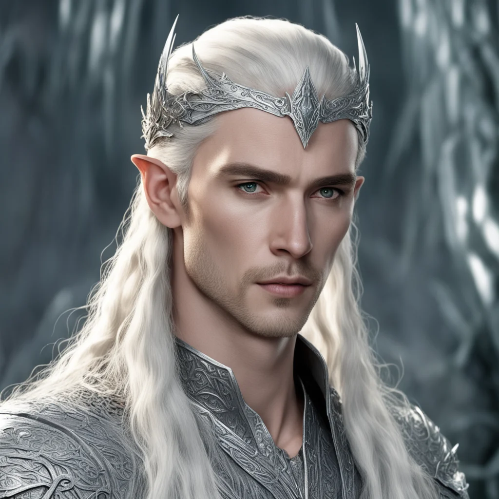 aiking thranduil with blond hair and braids wearing silver elvish hair pins with diamonds and silver elvish circlet with large center diamond 