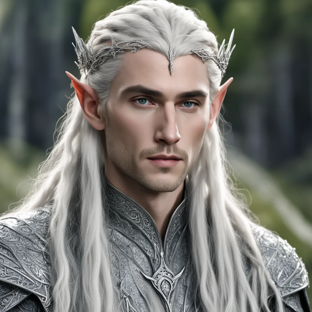 king thranduil with blond hair and braids wearing silver elvish hair pins with diamonds and wearing small silver elvish circlet encrusted with diamonds with large center diamond 