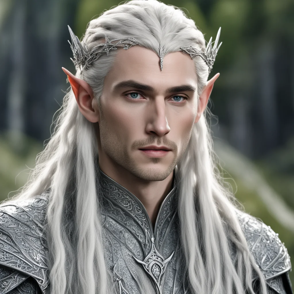 aiking thranduil with blond hair and braids wearing silver elvish hair pins with diamonds and wearing small silver elvish circlet encrusted with diamonds with large center diamond 