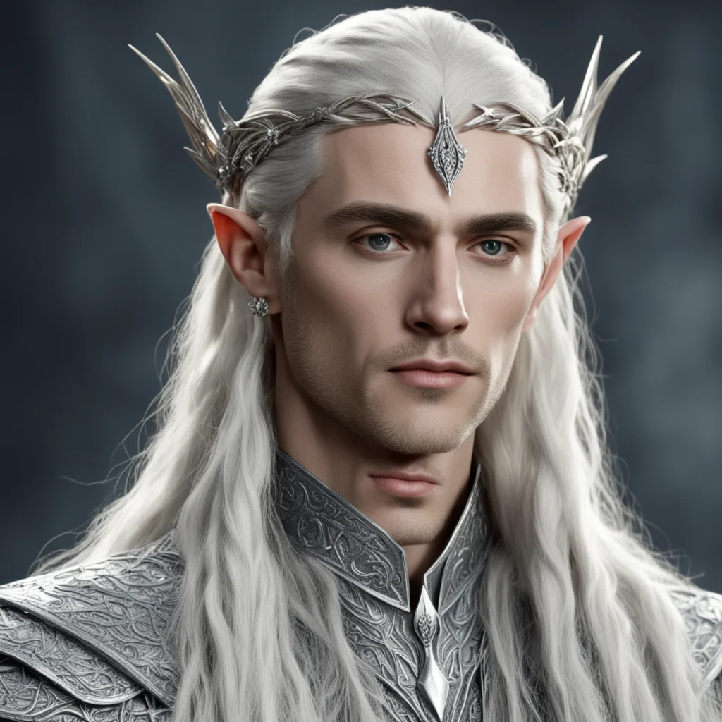 aiking thranduil with blond hair and braids wearing silver elvish hair pins with large diamonds and small silver sindarin elvish circlet with center diamond 