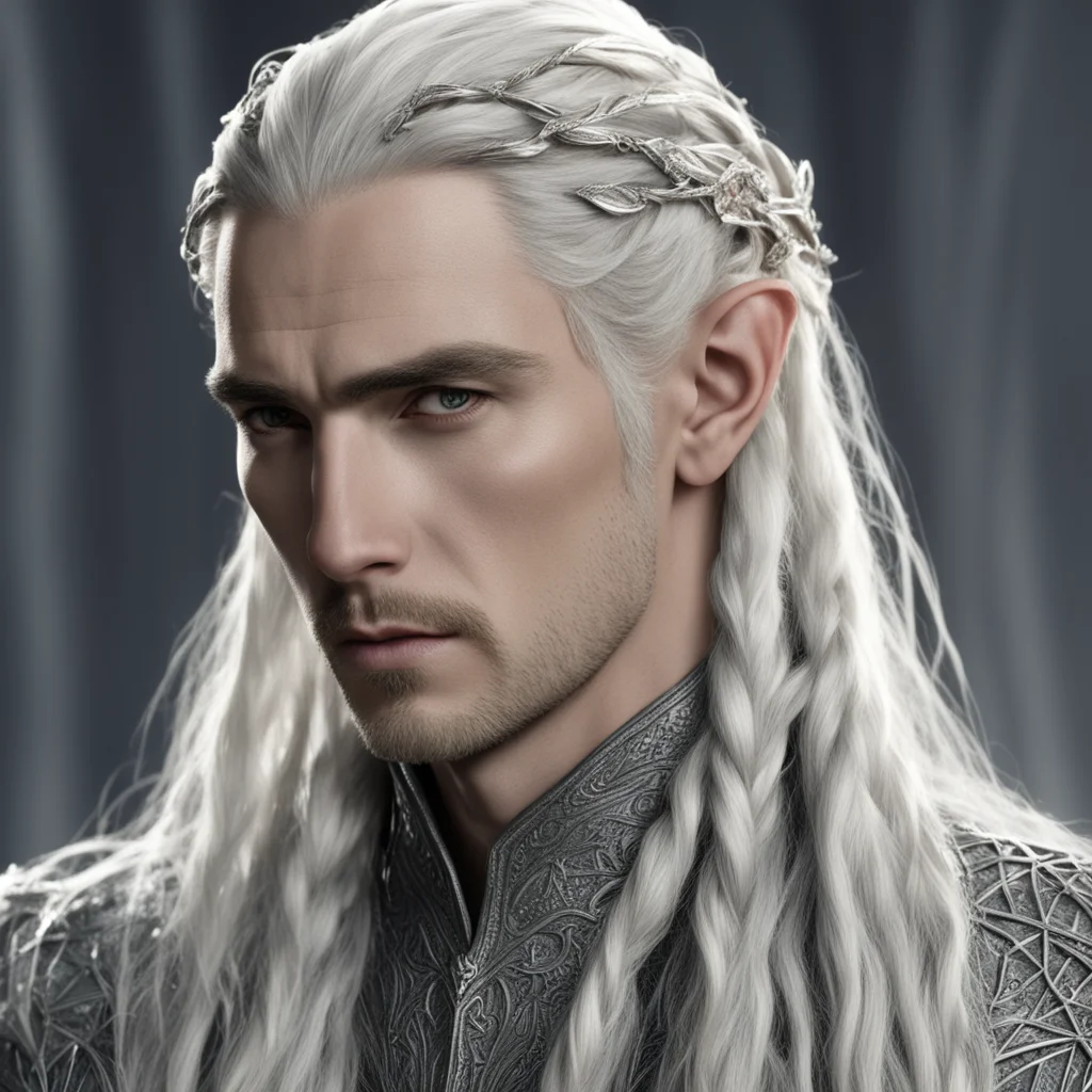 aiking thranduil with blond hair and braids wearing silver elvish hair pins with silver strings of diamond in the hair amazing awesome portrait 2