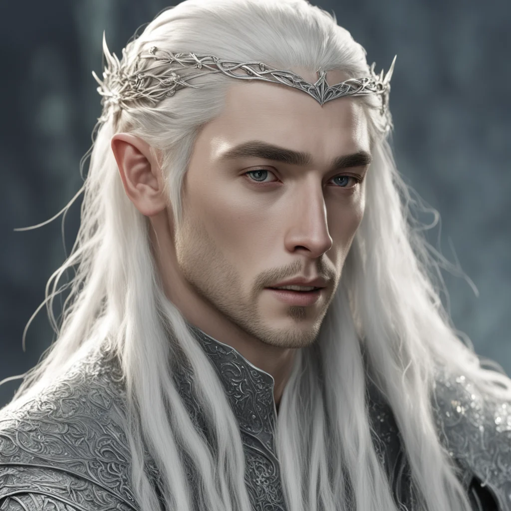 aiking thranduil with blond hair and braids wearing silver elvish hair pins with silver strings of diamond in the hair confident engaging wow artstation art 3