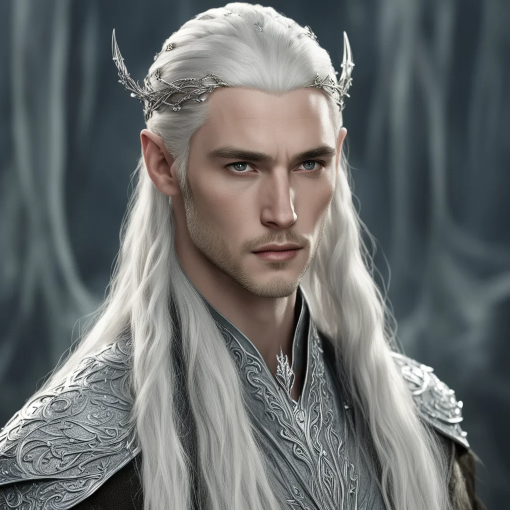 aiking thranduil with blond hair and braids wearing silver elvish hair pins with silver strings of diamond in the hair good looking trending fantastic 1