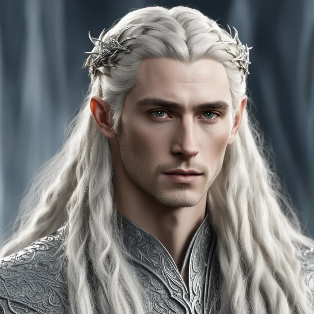 aiking thranduil with blond hair and braids wearing silver elvish hair pins with silver strings of diamond in the hair