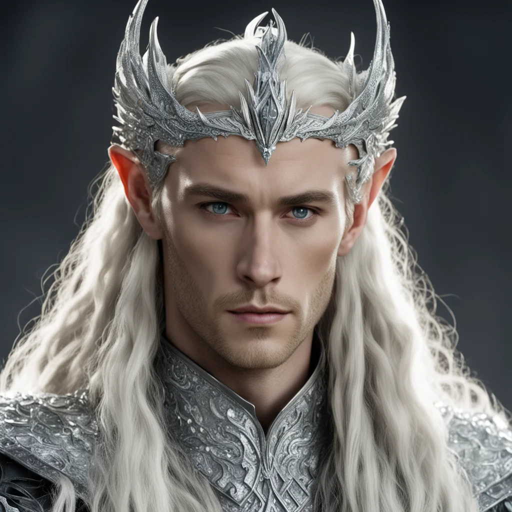 king thranduil with blond hair and braids wearing silver fiery dragon elvish circlet heavily encrusted with large diamonds with large diamond at the center amazing awesome portrait 2