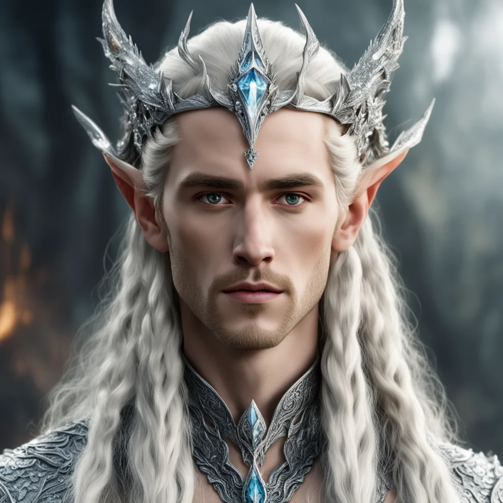 aiking thranduil with blond hair and braids wearing silver fiery dragon elvish circlet heavily encrusted with large diamonds with large diamond at the center good looking trending fantastic 1