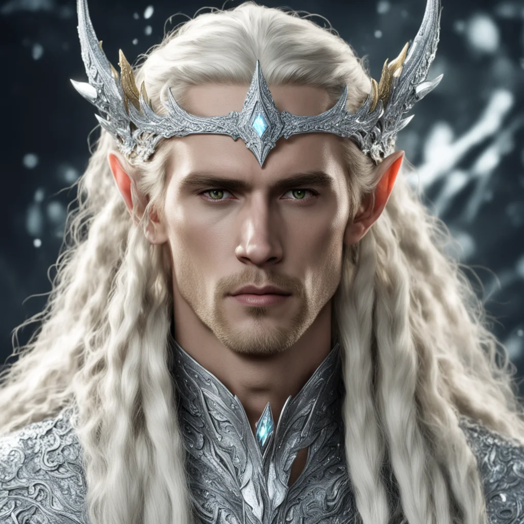 aiking thranduil with blond hair and braids wearing silver fiery dragon elvish circlet heavily encrusted with large diamonds with large diamond at the center
