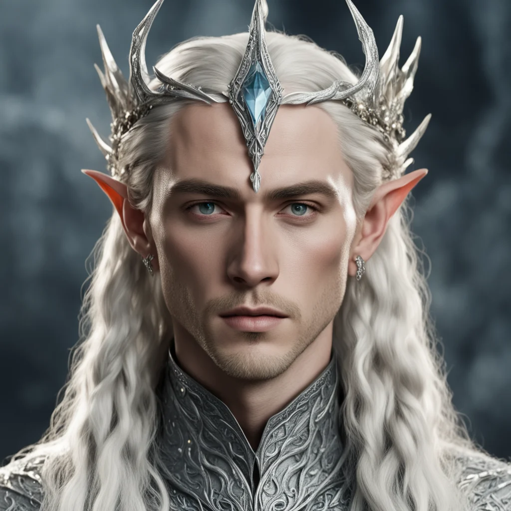 aiking thranduil with blond hair and braids wearing silver fiery serpent silver elvish circlet encrusted with diamonds with large center diamond amazing awesome portrait 2