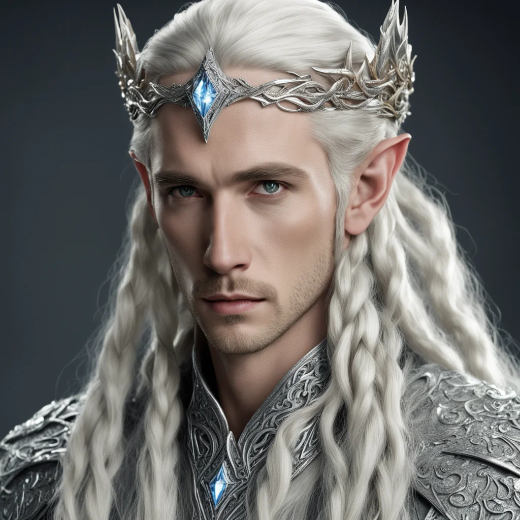 aiking thranduil with blond hair and braids wearing silver fiery serpent silver elvish circlet encrusted with diamonds with large center diamond good looking trending fantastic 1