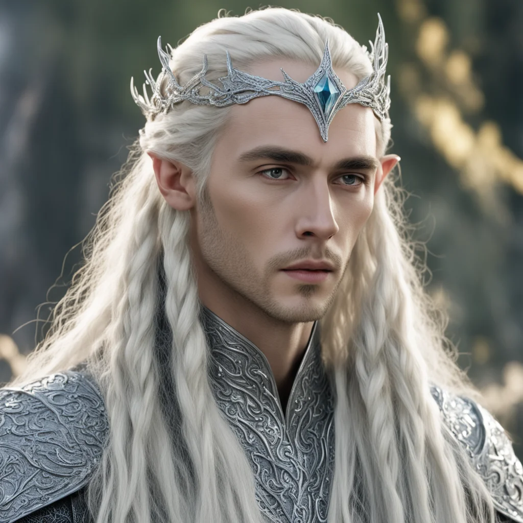 king thranduil with blond hair and braids wearing silver fiery serpent silver elvish circlet encrusted with diamonds with large center diamond