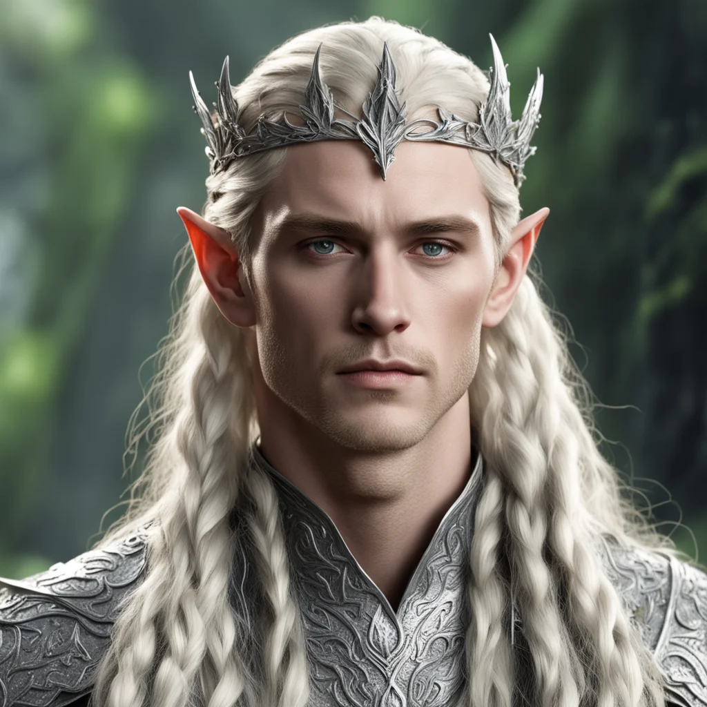 aiking thranduil with blond hair and braids wearing silver fig leaf elvish circlet encrusted with diamonds  confident engaging wow artstation art 3