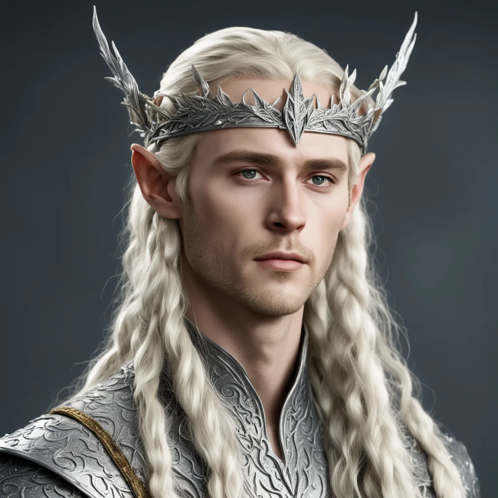 aiking thranduil with blond hair and braids wearing silver fig leaf elvish circlet encrusted with diamonds  good looking trending fantastic 1