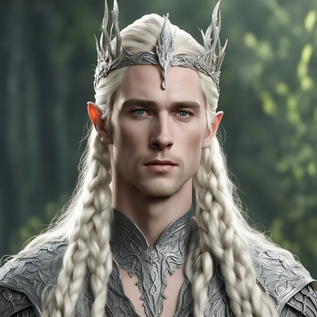 aiking thranduil with blond hair and braids wearing silver fig leaf elvish circlet encrusted with diamonds 