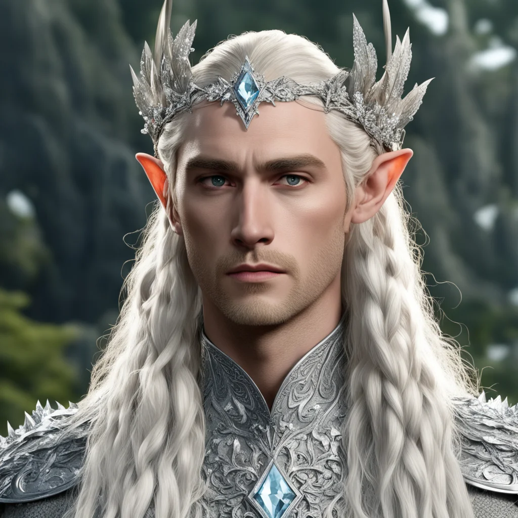 aiking thranduil with blond hair and braids wearing silver flower circlet encrusted with diamonds and large diamond clusters with large center diamond amazing awesome portrait 2