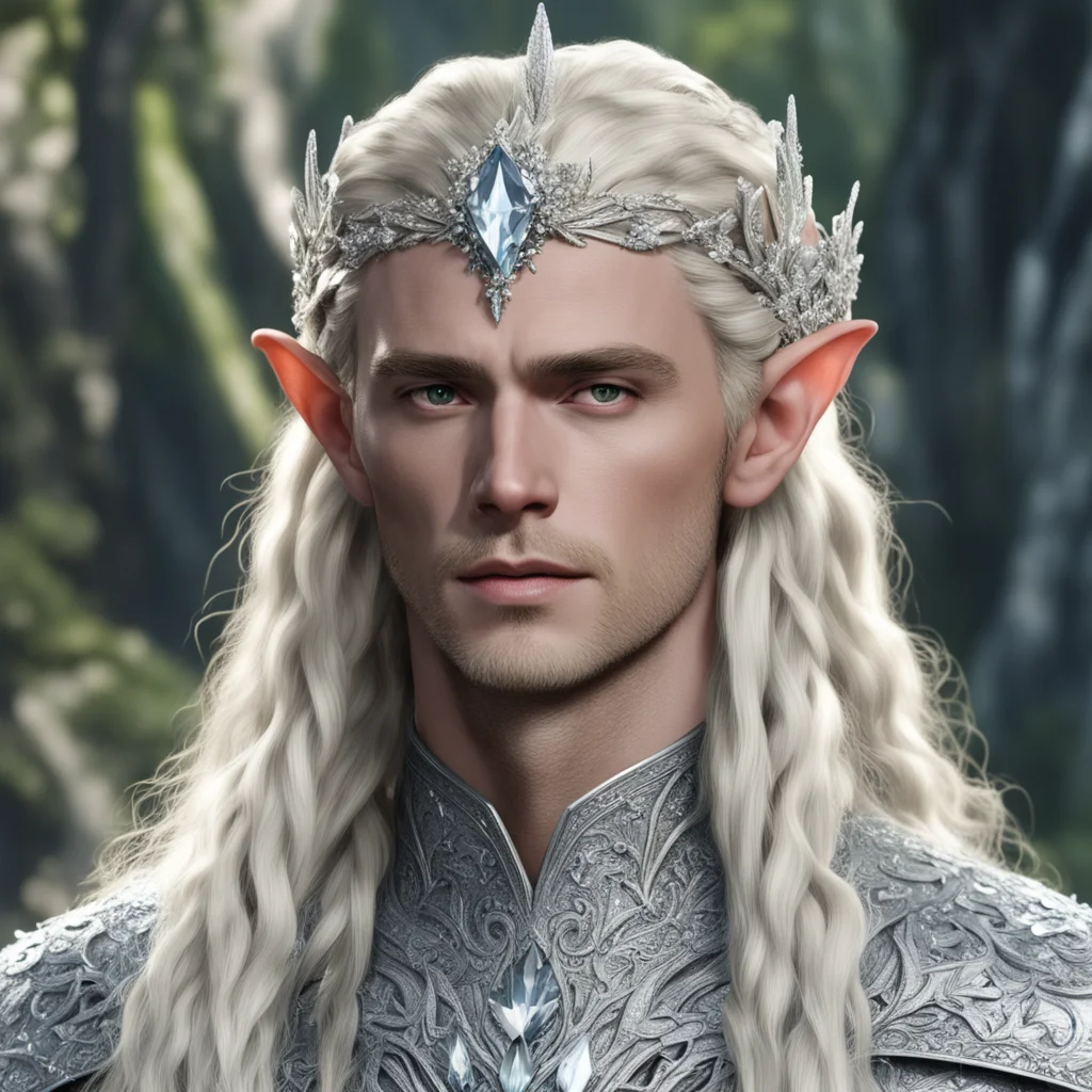 king thranduil with blond hair and braids wearing silver flower circlet encrusted with diamonds and large diamond clusters with large center diamond confident engaging wow artstation art 3