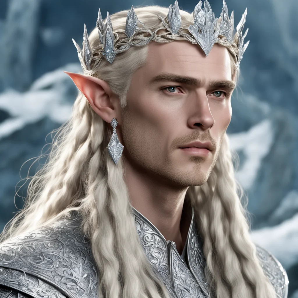 aiking thranduil with blond hair and braids wearing silver flower circlet encrusted with diamonds and large diamond clusters with large center diamond good looking trending fantastic 1