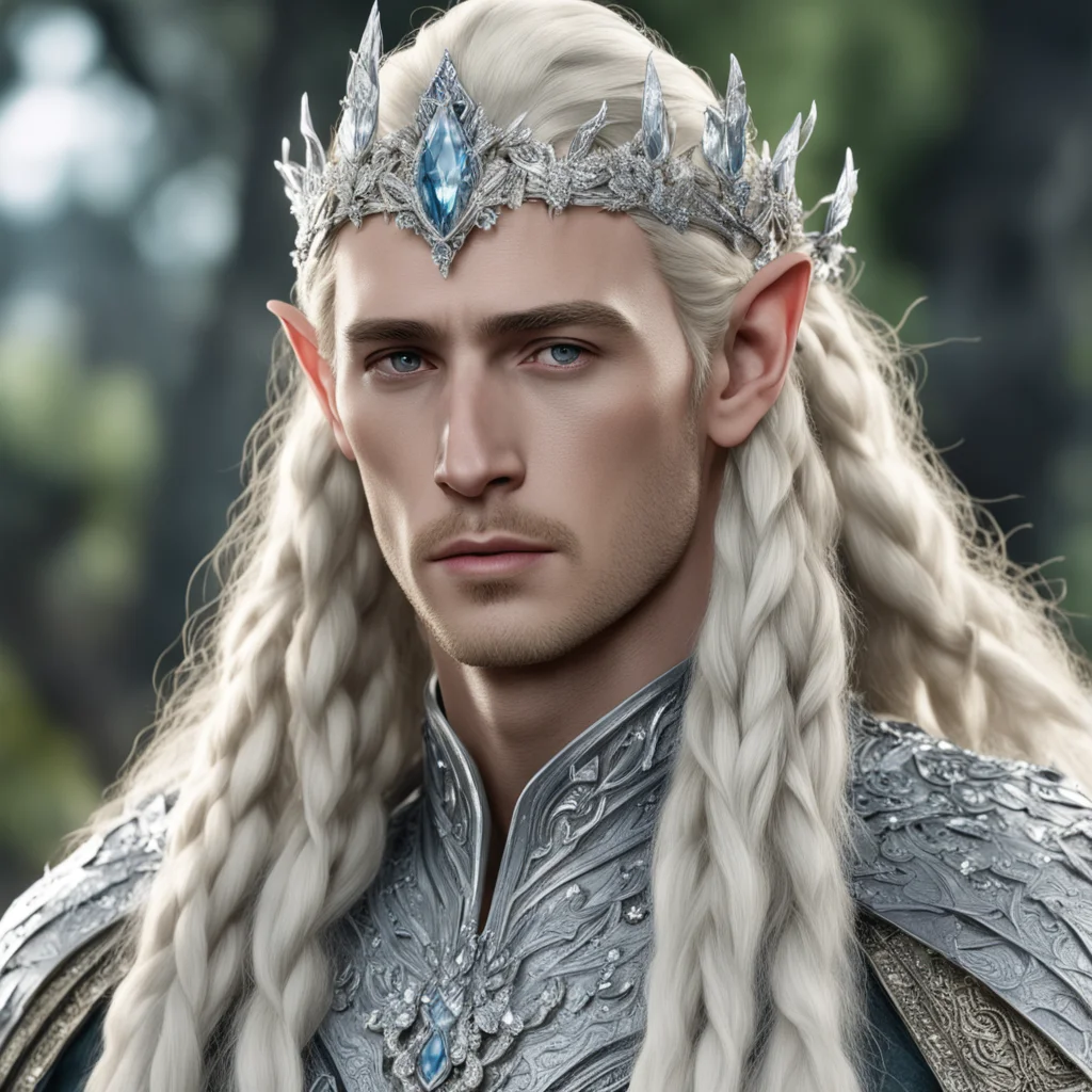 aiking thranduil with blond hair and braids wearing silver flower circlet encrusted with diamonds and large diamond clusters with large center diamond