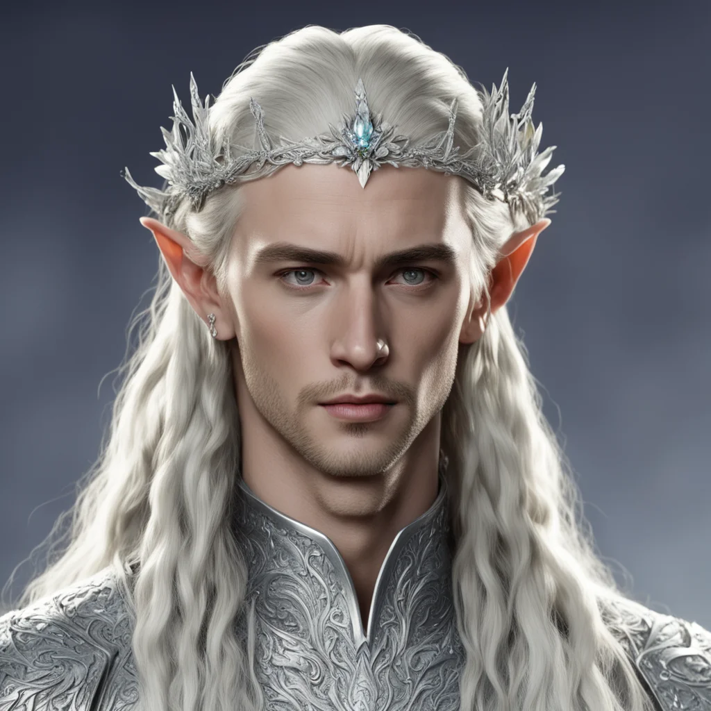 king thranduil with blond hair and braids wearing silver flower clusters encrusted with diamonds to form a silver elvish circlet with large central flower diamond amazing awesome portrait 2