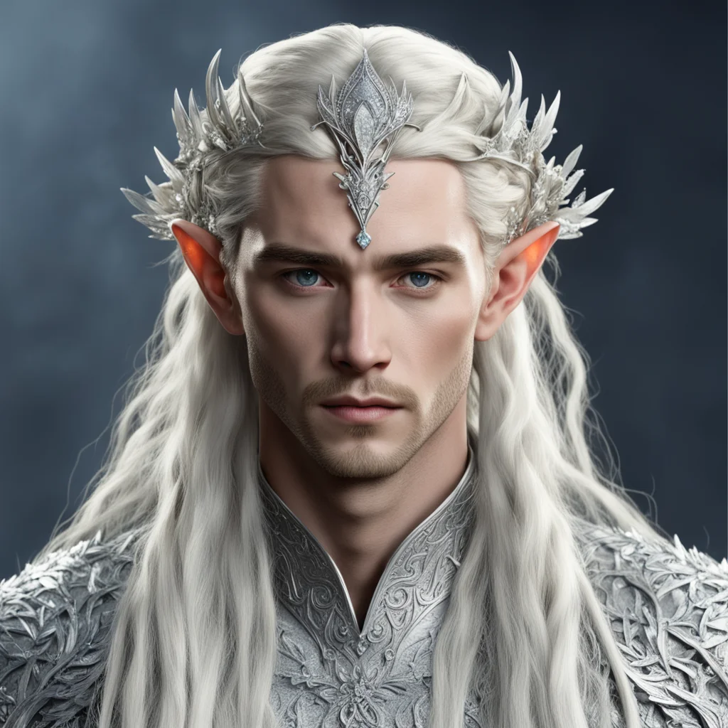 king thranduil with blond hair and braids wearing silver flower clusters encrusted with diamonds to form a silver elvish circlet with large central flower diamond confident engaging wow artstation a
