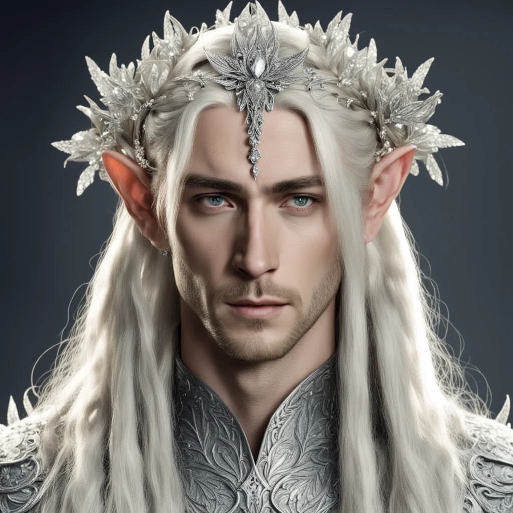 king thranduil with blond hair and braids wearing silver flower clusters encrusted with diamonds to form a silver elvish circlet with large central flower diamond good looking trending fantastic 1.w