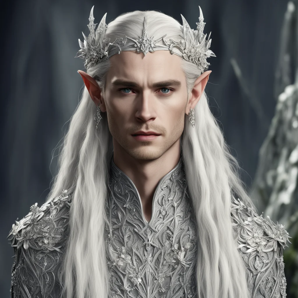 aiking thranduil with blond hair and braids wearing silver flower clusters encrusted with diamonds to form a silver elvish circlet with large central flower diamond