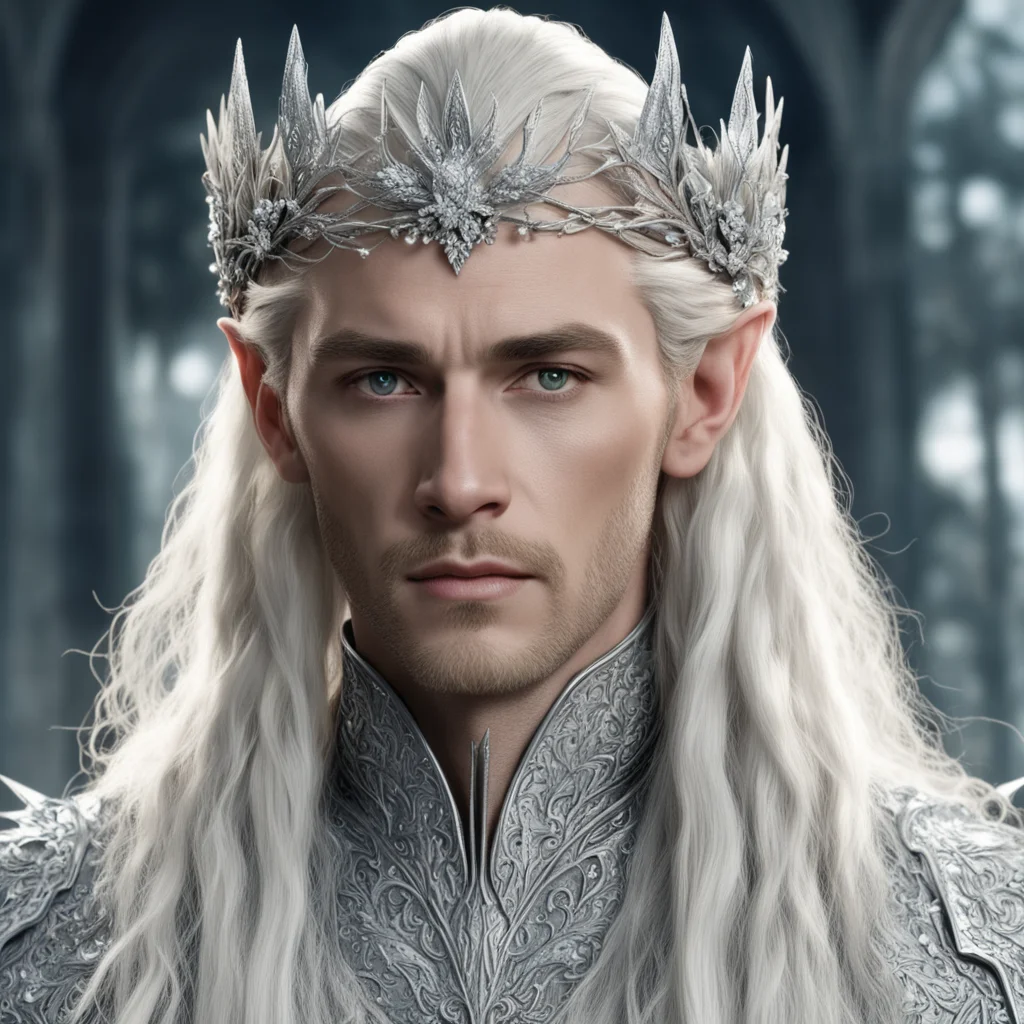 king thranduil with blond hair and braids wearing silver flower clusters encrusted with diamonds to form a silver elvish coronet with large central flower diamond amazing awesome portrait 2