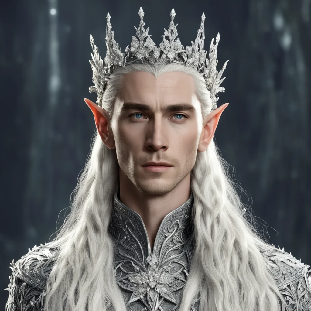 king thranduil with blond hair and braids wearing silver flower clusters encrusted with diamonds to form a silver elvish coronet with large central flower diamond good looking trending fantastic 1.w
