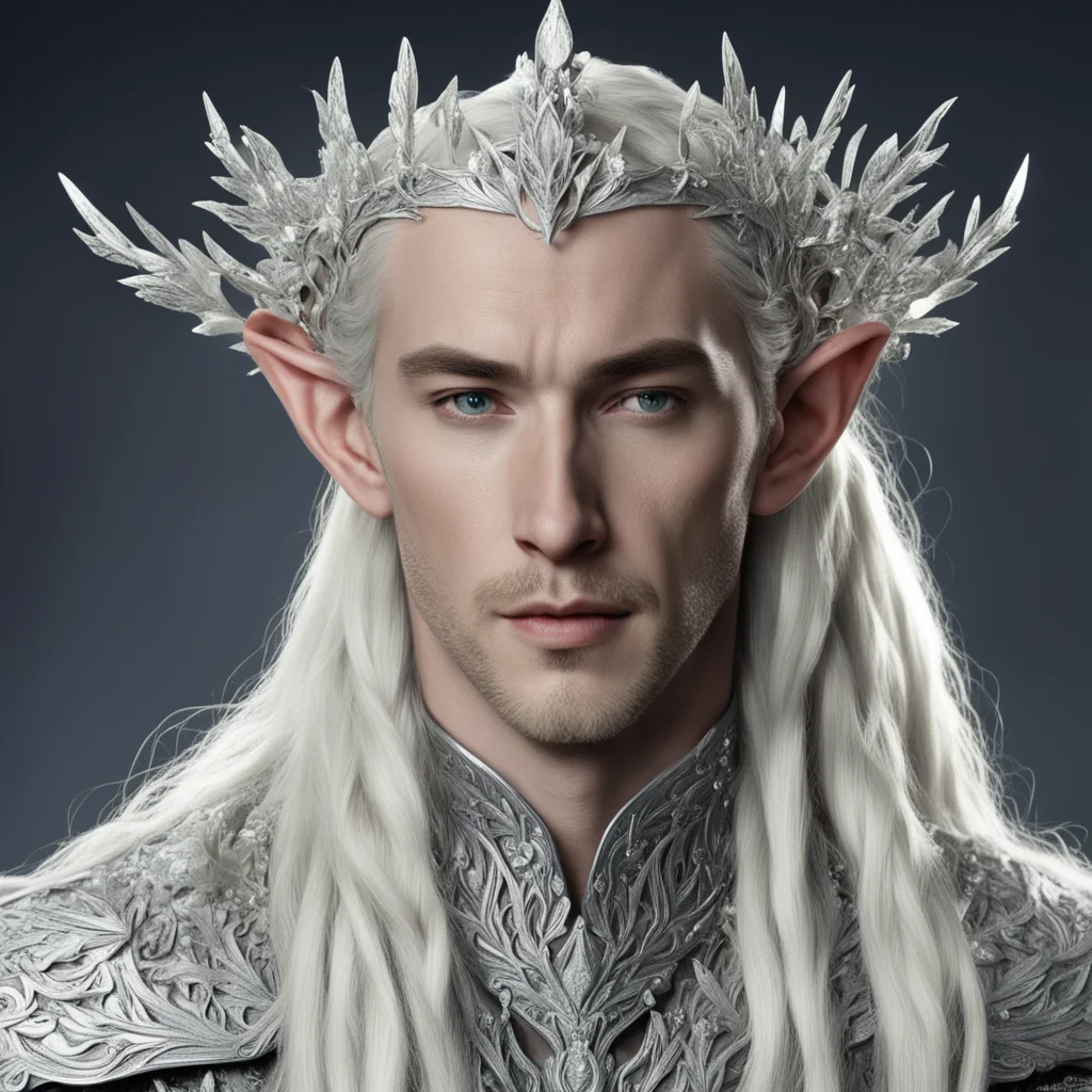 aiking thranduil with blond hair and braids wearing silver flower clusters encrusted with diamonds to form a silver elvish coronet with large central flower diamond